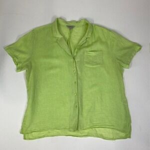 Hester & Orchard Linen Blend Bright Green Button‎ Down Short Sleeve Shirt XL